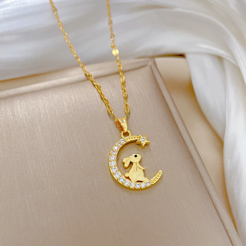 Bunny Crescent Moon Light Luxury Temperament Gorgeous Full Diamond Necklace