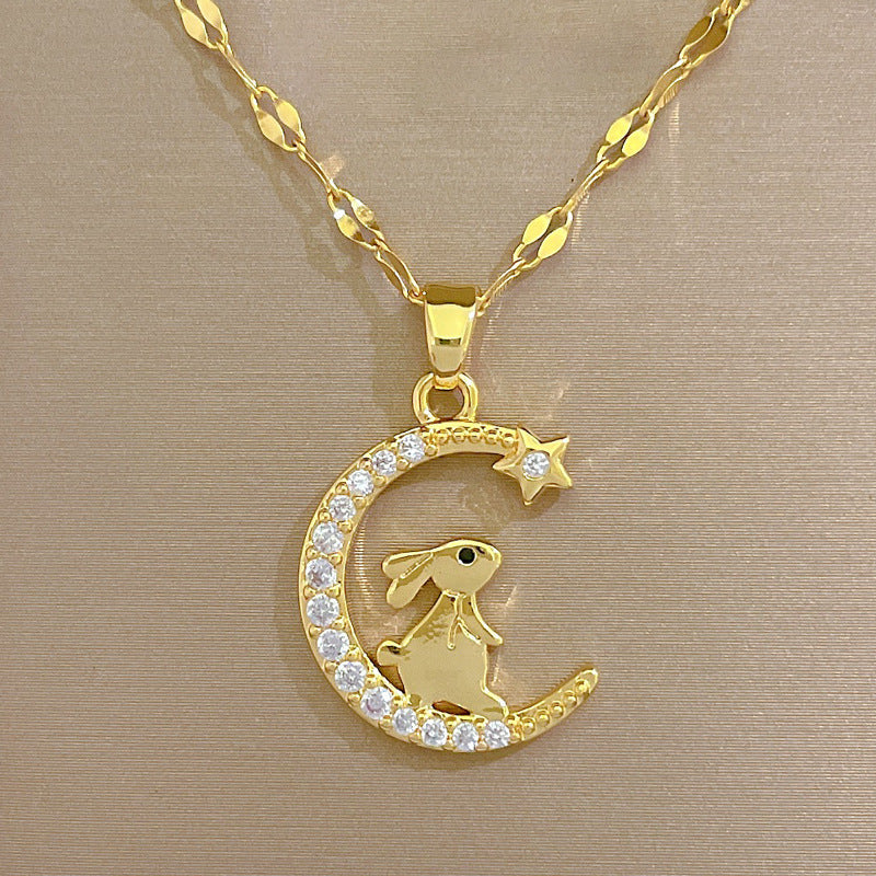 Bunny Crescent Moon Light Luxury Temperament Gorgeous Full Diamond Necklace