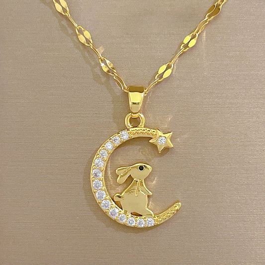 Bunny Crescent Moon Light Luxury Temperament Gorgeous Full Diamond Necklace